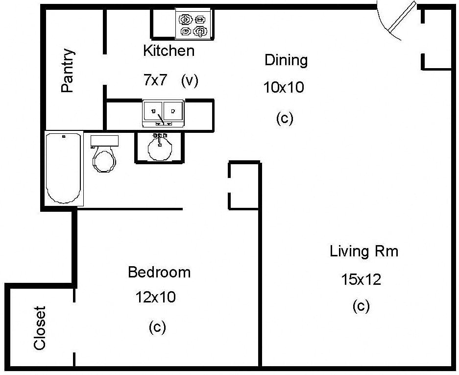 Floor plan for 1 bed, 1 bath, 620 sqft